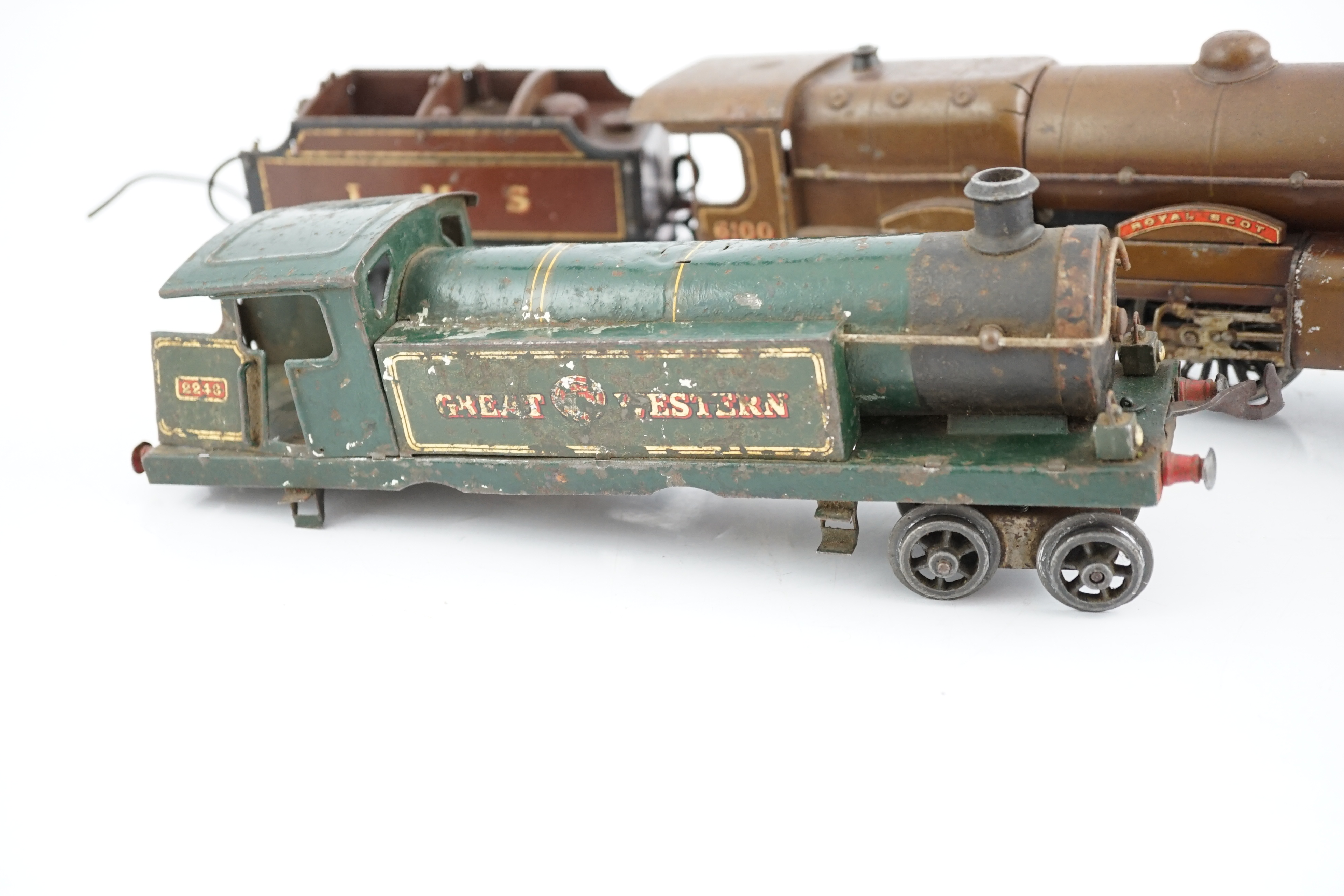 Two Hornby Series 0 gauge tinplate locomotives for 3-rail running; an LMS 4-4-2, Royal Scot 6100, and a Great Western 4-4-4T, 2243 (a.f.)